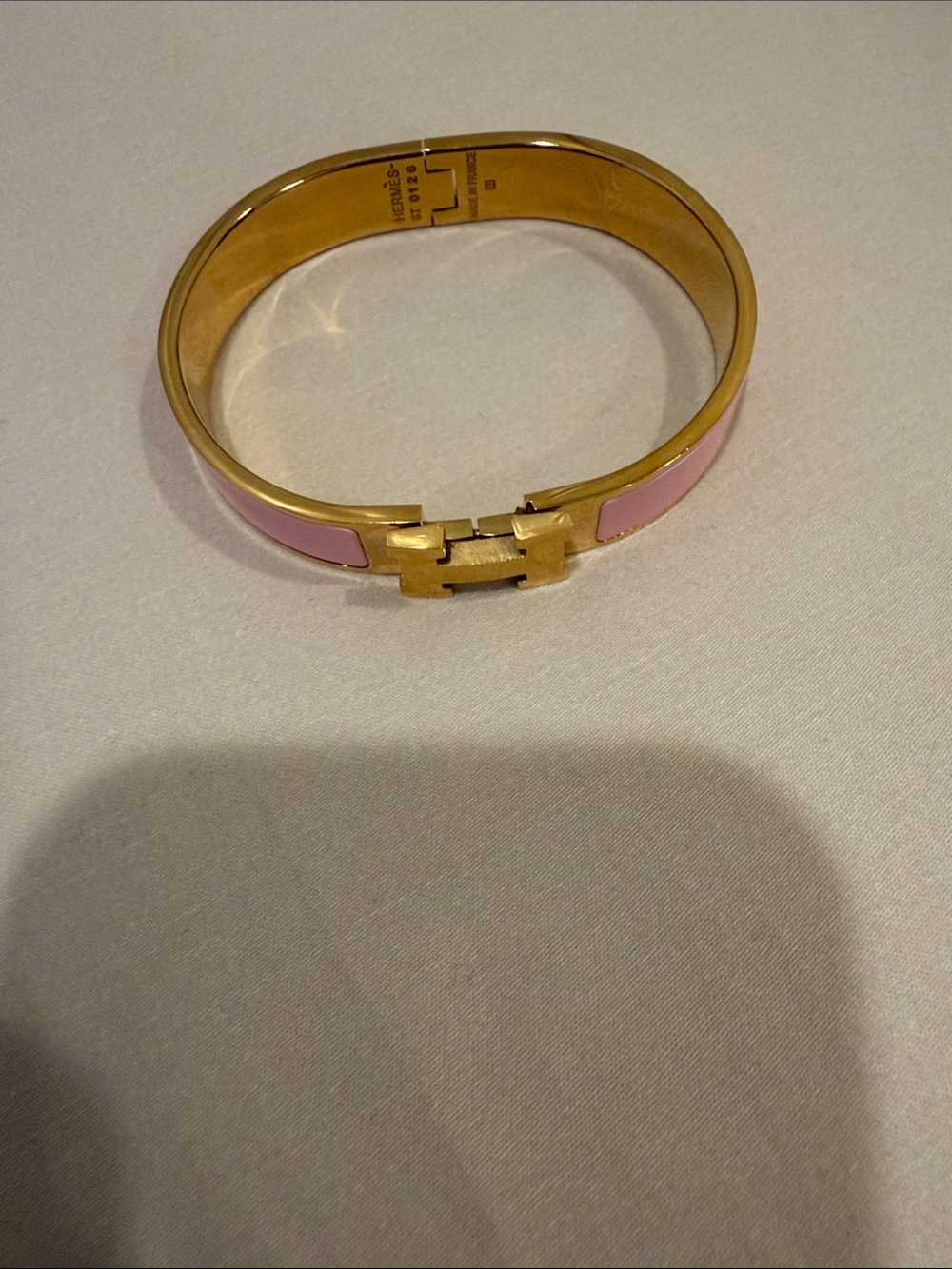 Hermes Gold-Tone Bracelet with Blush Pink Enamel H Clasp - Picture 3 of 7